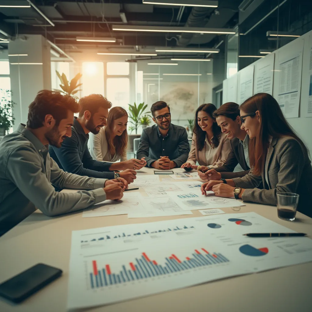 Equipo de Finanzas AR discutiendo estrategias en una oficina moderna y luminosa