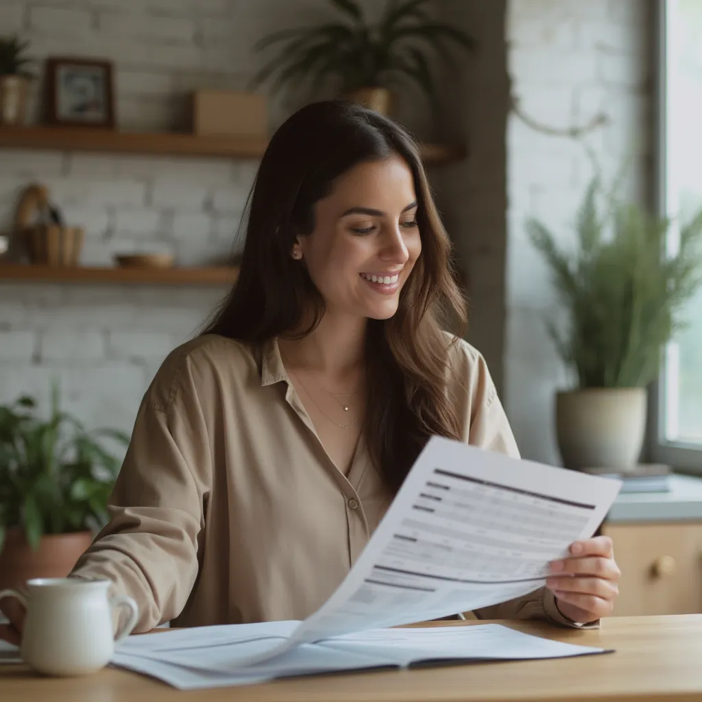 Ana sonriendo mientras revisa sus finanzas